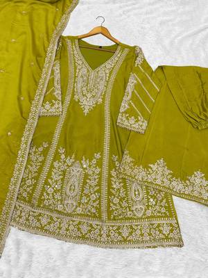 Green chinon silk full stitched free size palazzo suits upto 44 2