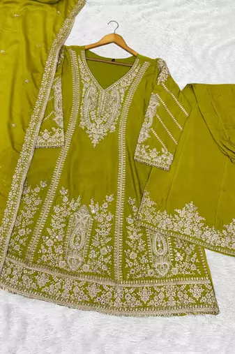 Green chinon silk full stitched free size palazzo suits upto 44