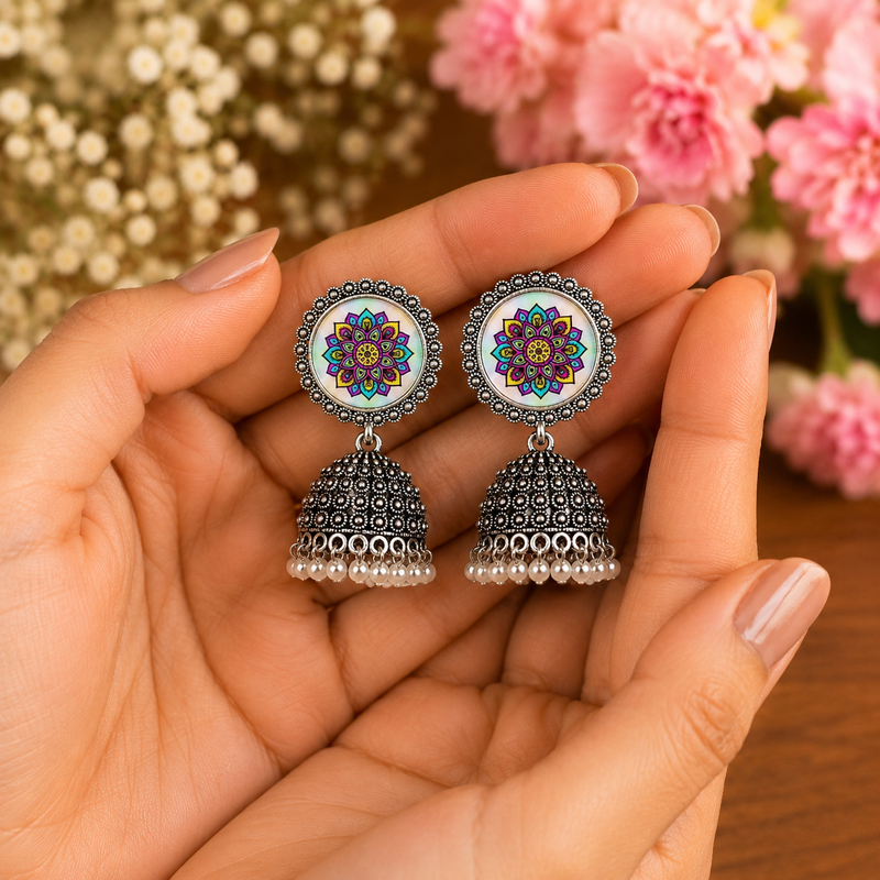 Meenakari pattern oxidised jhumka's