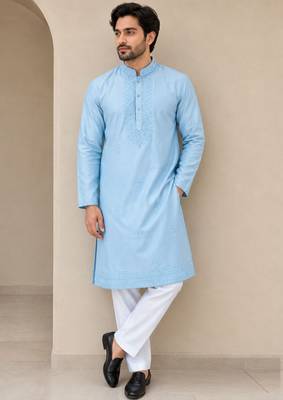 linen satin with embroidery and beads work mens wear kurta pajama 1
