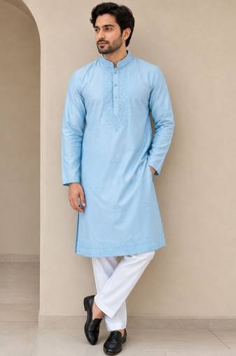linen satin with embroidery and beads work mens wear kurta pajama