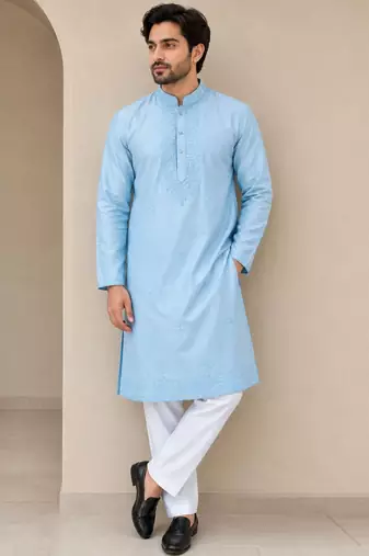 linen satin with embroidery and beads work mens wear kurta pajama