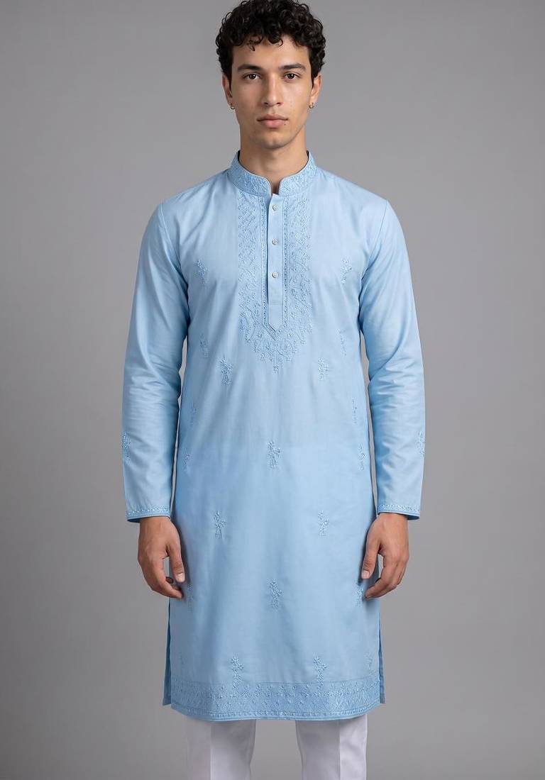 linen satin with embroidery and beads work mens wear kurta pajama