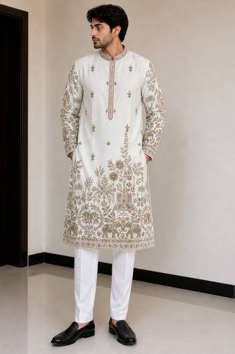  fendy silk blend with embroidery and sequence work mens wear kurta pajama