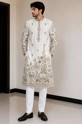  fendy silk blend with embroidery and sequence work  mens wear kurta pajama