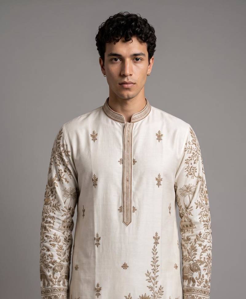 fendy silk blend with embroidery and sequence work  mens wear kurta pajama