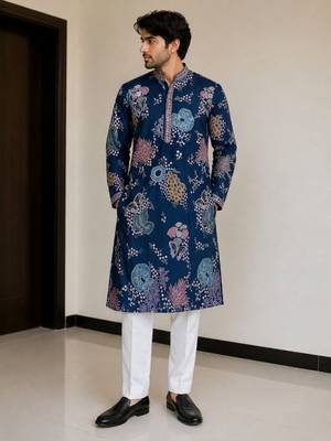 poly linen satin with embroidered work mens wear kurta pajama 1
