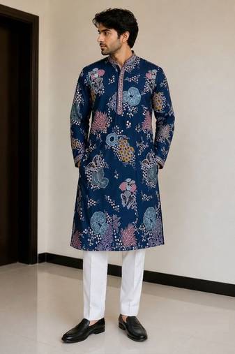 poly linen satin with embroidered work mens wear kurta pajama