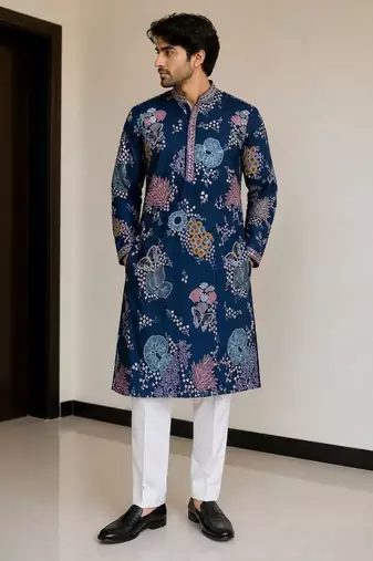 poly linen satin with embroidered work mens wear kurta pajama