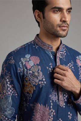 poly linen satin with embroidered work mens wear kurta pajama 3