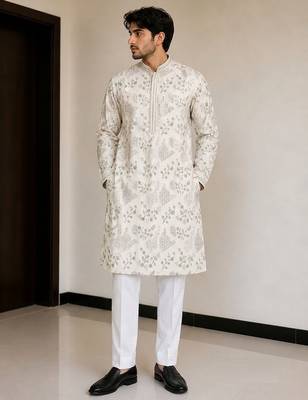 fendy silk blend with embroidery and beads work mens wear kurta pajama 1
