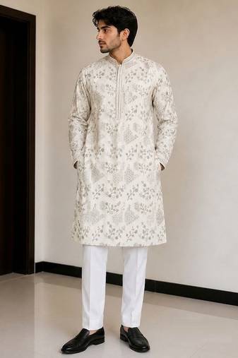 fendy silk blend with embroidery and beads work mens wear kurta pajama