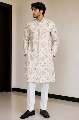 fendy silk blend with embroidery and beads work mens wear kurta pajama
