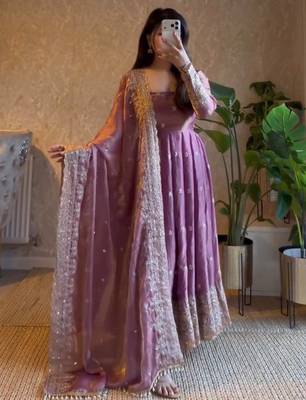 Lavender fendy silk blend embroidered gown set with dupatta 1