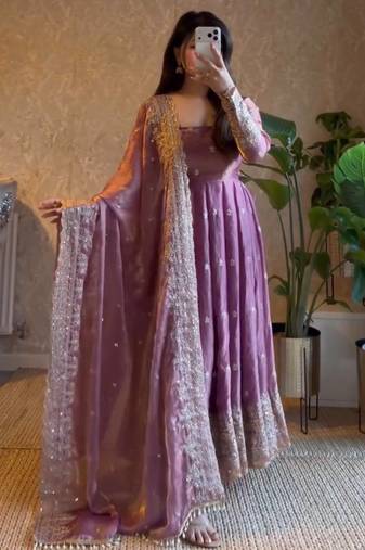 Lavender fendy silk blend embroidered gown set with dupatta