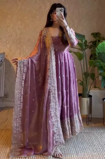 Lavender fendy silk blend embroidered gown set with dupatta