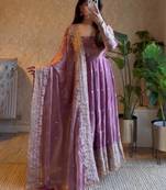 Lavender fendy silk blend embroidered gown set with dupatta