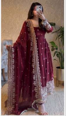 Wine fendy silk blend embroidered gown set with dupatta 1