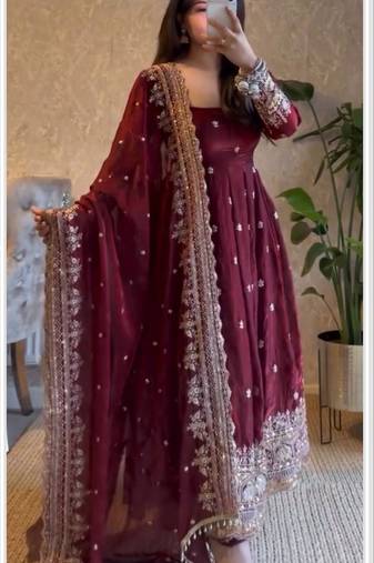 Wine fendy silk blend embroidered gown set with dupatta