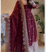 Wine fendy silk blend embroidered gown set with dupatta