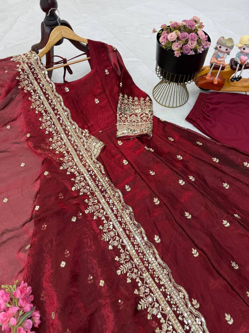 Wine fendy silk blend embroidered gown set with dupatta