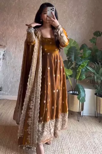 Gold fendy silk blend embroidered gown set with dupatta