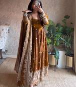 Gold fendy silk blend embroidered gown set with dupatta