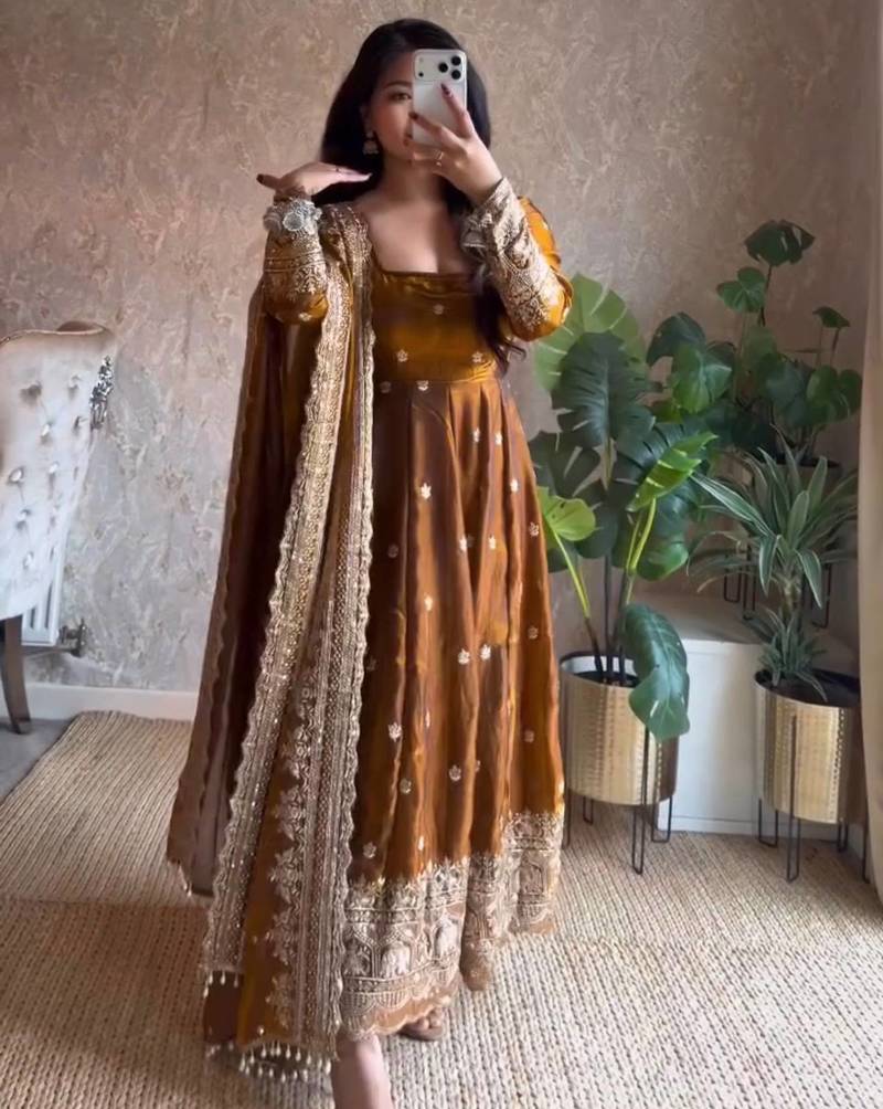 Gold fendy silk blend embroidered gown set with dupatta