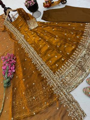 Gold fendy silk blend embroidered gown set with dupatta 2
