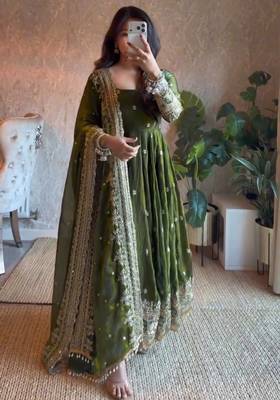 Olive fendy silk blend embroidered gown set with dupatta 1