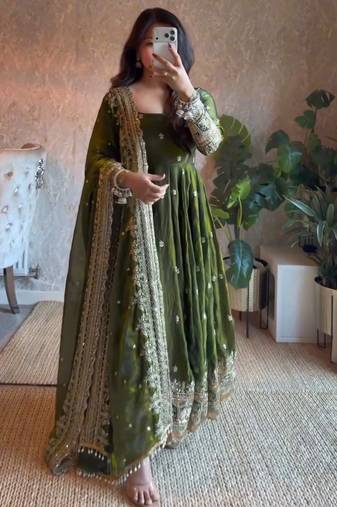 Olive fendy silk blend embroidered gown set with dupatta