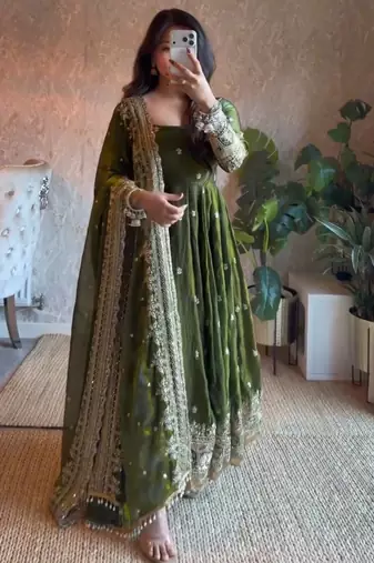 Olive fendy silk blend embroidered gown set with dupatta