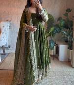 Olive fendy silk blend embroidered gown set with dupatta
