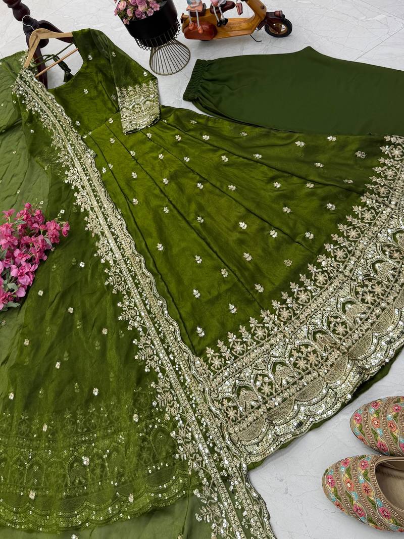 Olive fendy silk blend embroidered gown set with dupatta