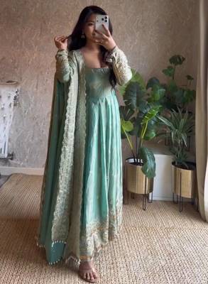 Aqua blue fendy silk blend embroidered gown set with dupatta 1