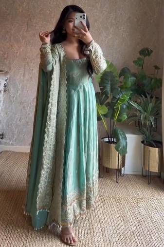 Aqua blue fendy silk blend embroidered gown set with dupatta