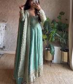 Aqua blue fendy silk blend embroidered gown set with dupatta