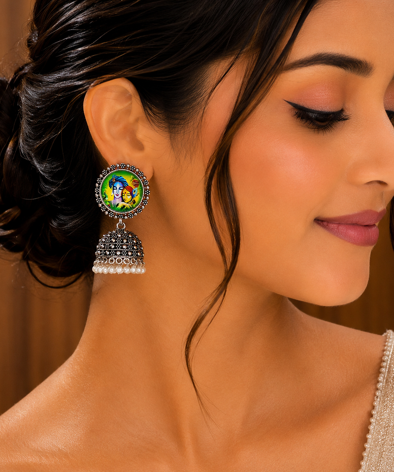 Oxidised radhe krishna frame jhumka's