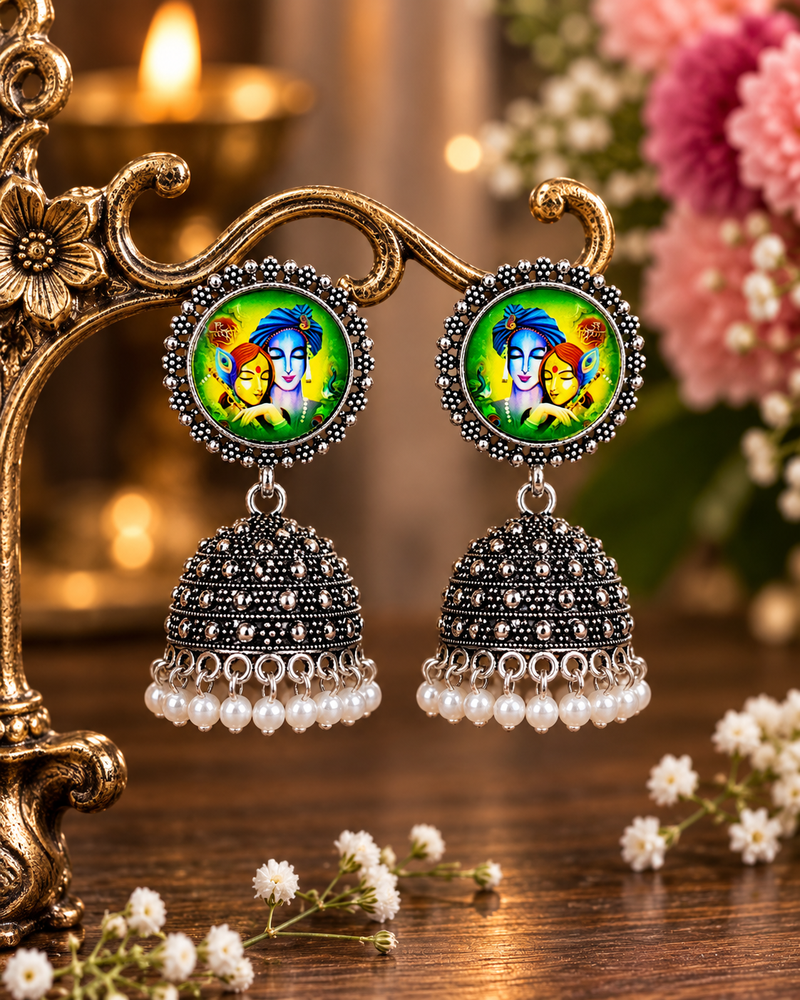 Oxidised radhe krishna frame jhumka's