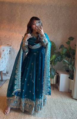 Blue fendy silk blend embroidered gown set with dupatta 1