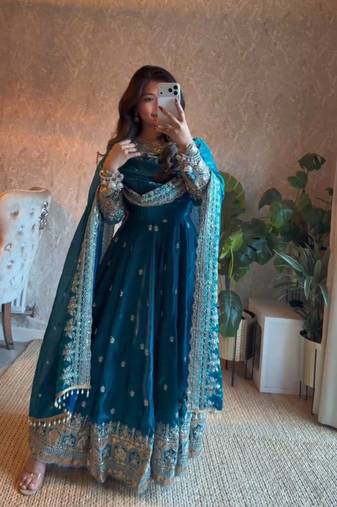 Blue fendy silk blend embroidered gown set with dupatta