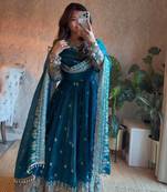 Blue fendy silk blend embroidered gown set with dupatta