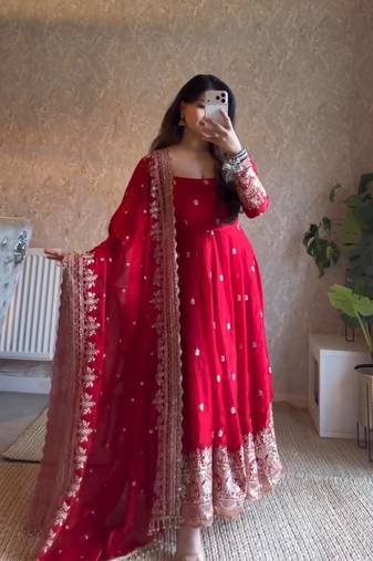 Red fendy silk blend embroidered gown set with dupatta