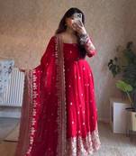 Red fendy silk blend embroidered gown set with dupatta