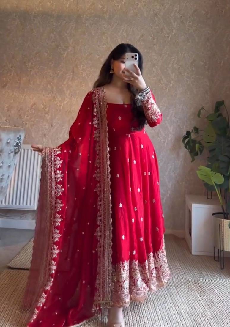 Red fendy silk blend embroidered gown set with dupatta