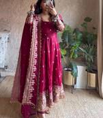 Rani pink fendy silk blend embroidered gown set with dupatta