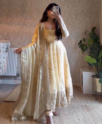 Cream fendy silk blend embroidered gown set with dupatta 1