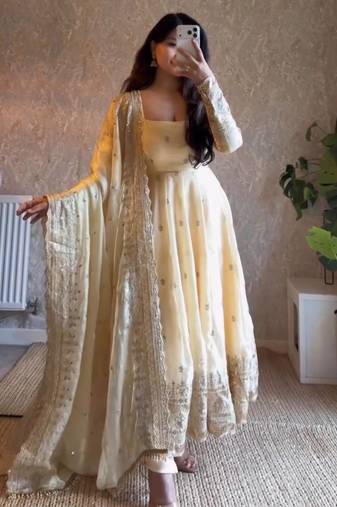 Cream fendy silk blend embroidered gown set with dupatta