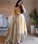Cream fendy silk blend embroidered gown set with dupatta