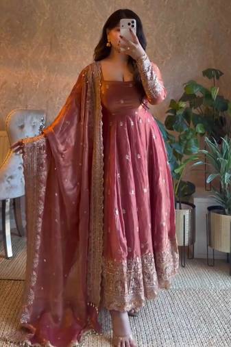 Rose fendy silk blend embroidered gown set with dupatta